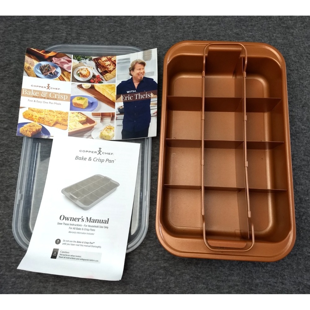Copper Chef Bake & Crisp Pan 4 pc Set Eric Theiss Recipes 13 x 7.5" w/Lid NEW